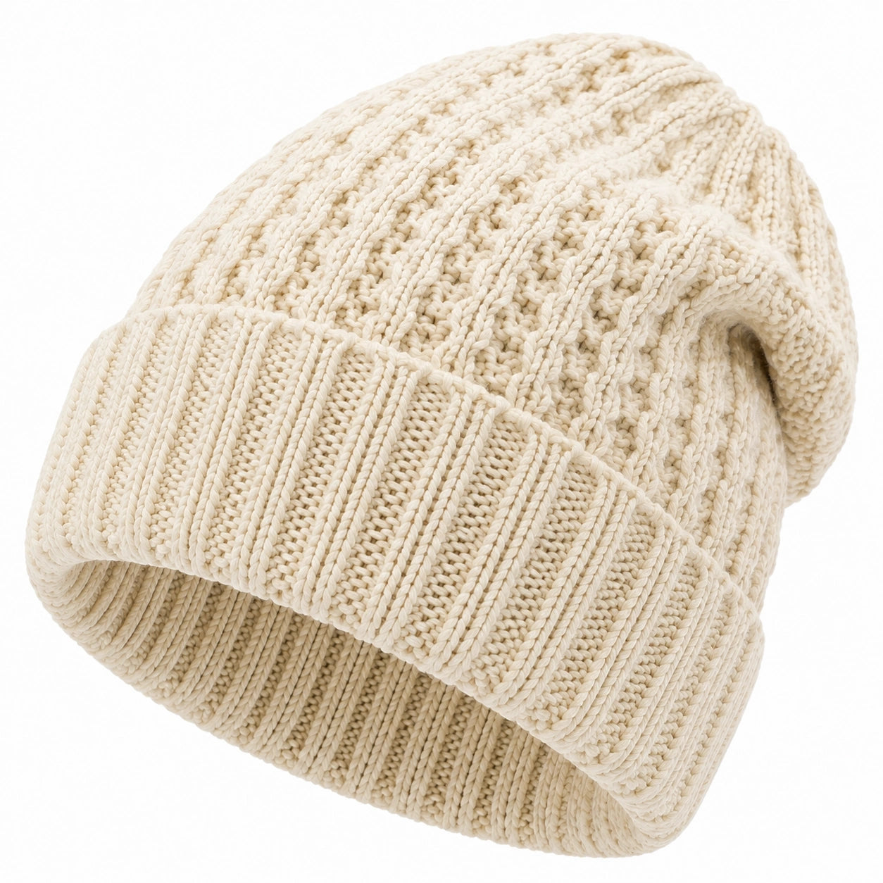 Berretto taglia unica in maglia color crema con risvolto a coste