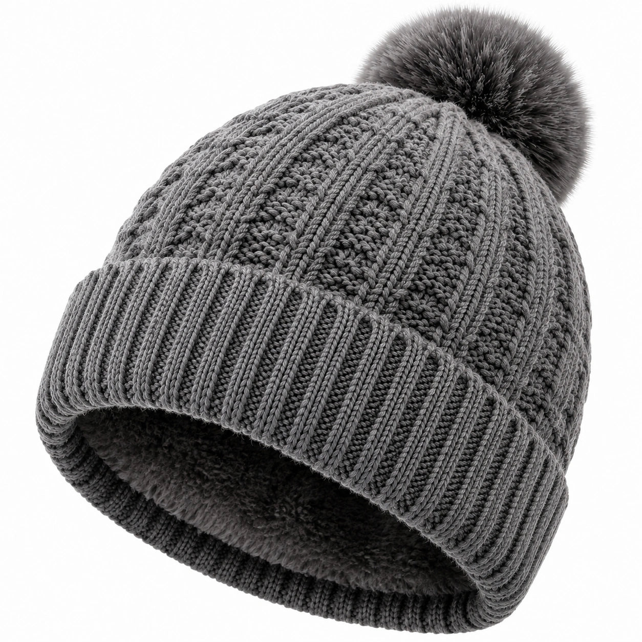 Cappello beanie taglia unica in maglia grigio con pompon per uso invernale