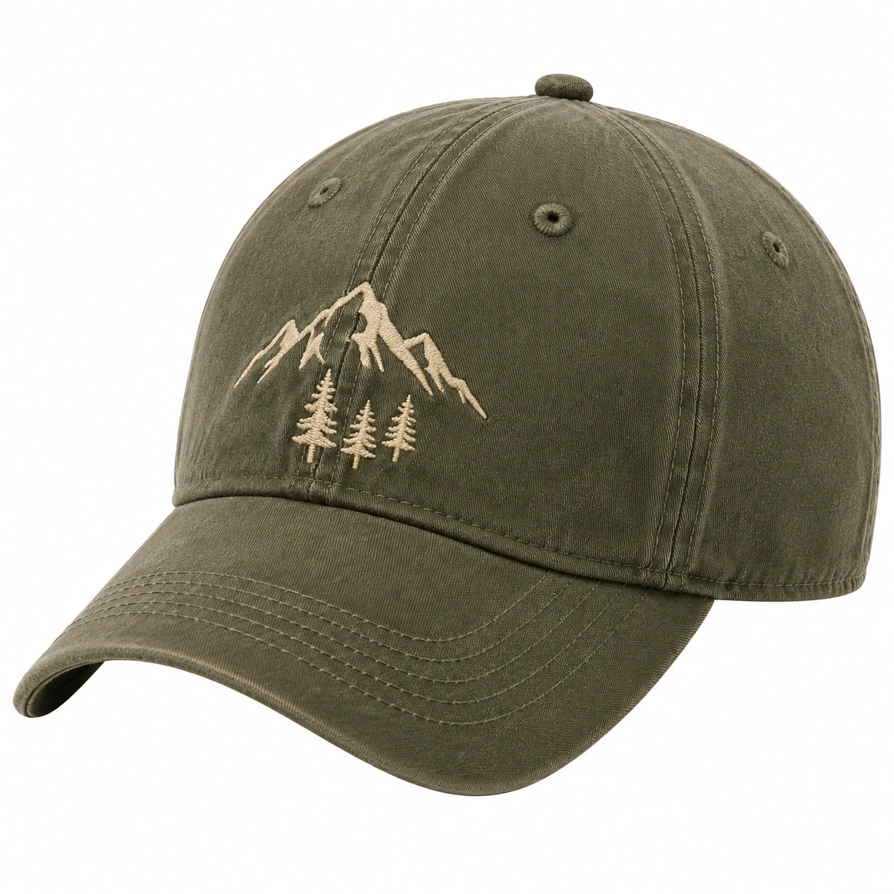 Cappellino da baseball taglia unica in cotone verde oliva con ricamo montagna