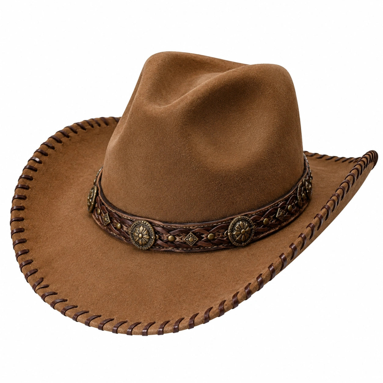 Cappello cowboy taglia unica in similcamoscio marrone con fascia decorativa stile western