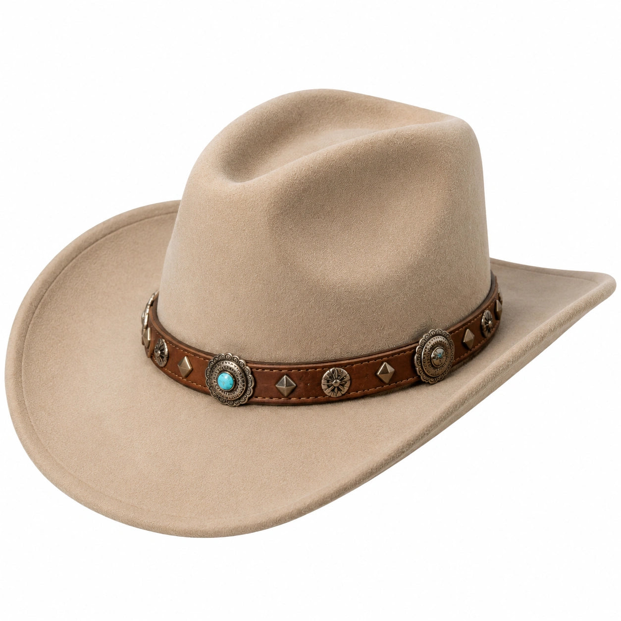 Cappello cowboy beige in tessuto effetto scamosciato con fascia decorativa stile western taglia unica