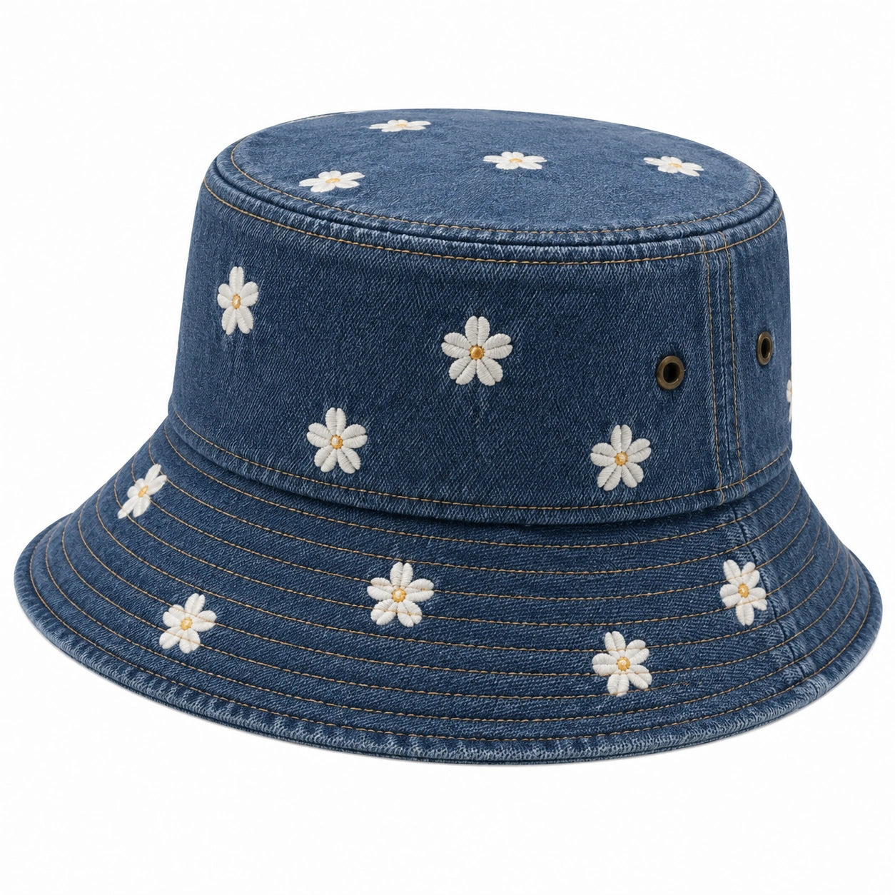 Cappello pescatore taglia unica in denim blu con ricami floreali stile casual