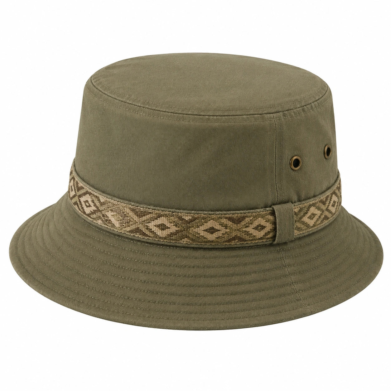 Cappello pescatore taglia unica in tessuto verde oliva con fascia decorativa stile casual