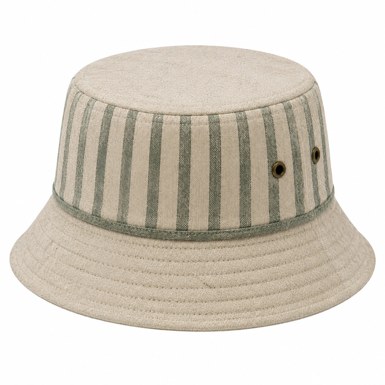 Cappello pescatore taglia unica in tessuto beige e verde a righe con falda ampia